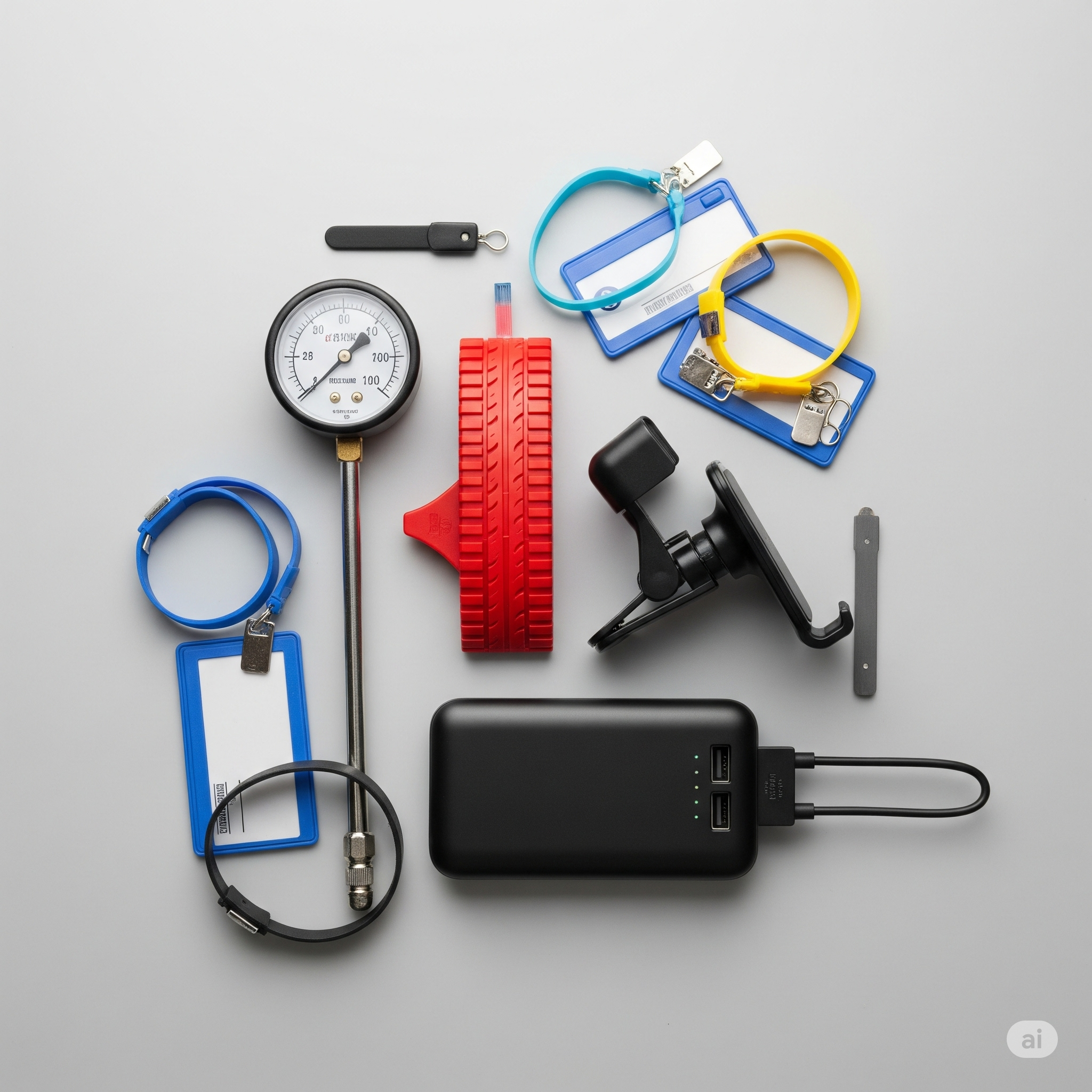 Escritorio con varios objetos de merchandising corporativo